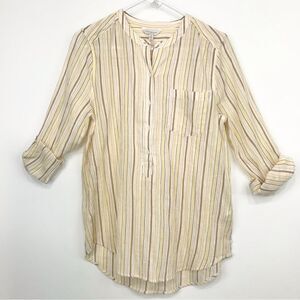 Lucky Brand Cream Brown Pinstripe Cotton Half Button Roll Sleeve Tunic Blouse